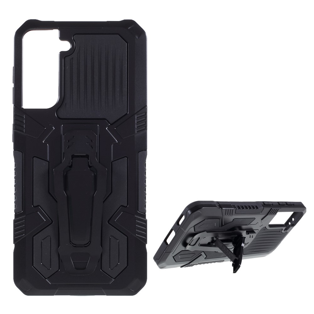 Plastica + TPU + Custodia Per Protezione Ibrida Metallica Con Cavalletto + Lamiera in Metallo Magnetico Incorporato Per Samsung Galaxy S21 Plus 5G - Nero