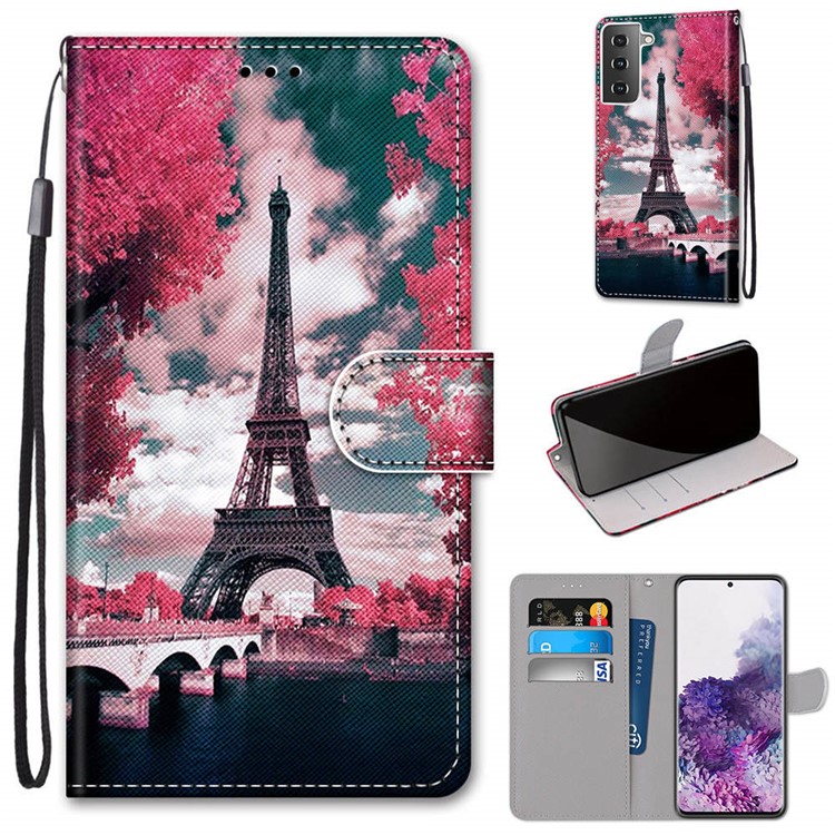Wallet Stand Case for Samsung Galaxy S21+ Anti-Drop Pattern Printing Shell - Eiffel Tower-1