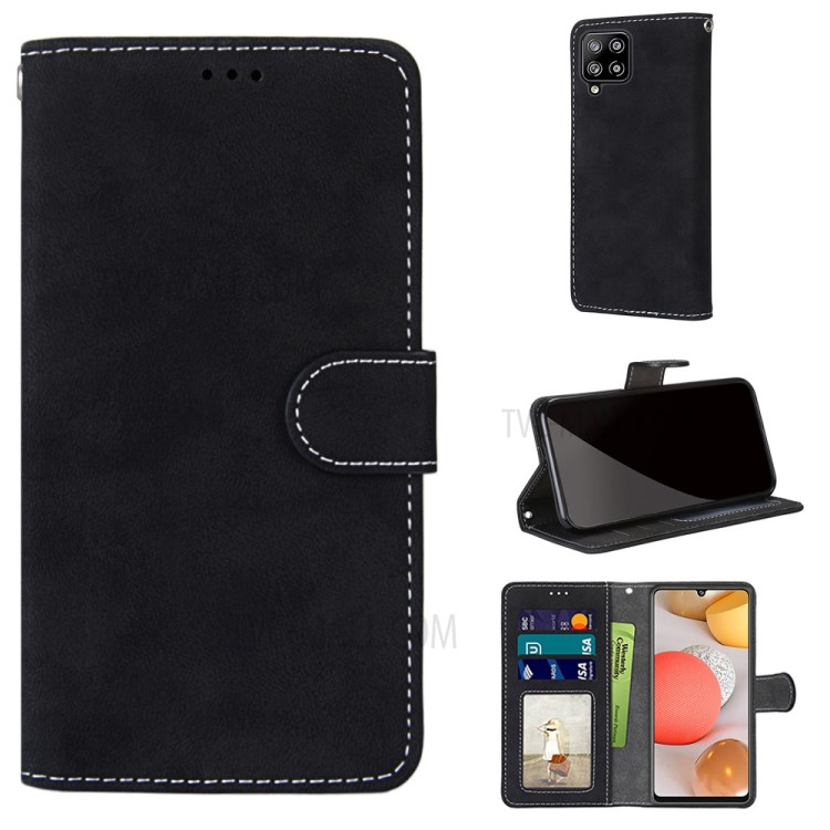 Frosted Surface Wallet Leather Stand Retro Style Phone Case for Samsung Galaxy A42 5G - Black-1