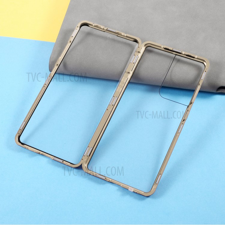 Magnetic Metal Frame Lock Installation with Double Side Tempered Glass Case (no Fingerprint Function but with Face Recognition Function) for Samsung Galaxy S21 Ultra - Gold-1