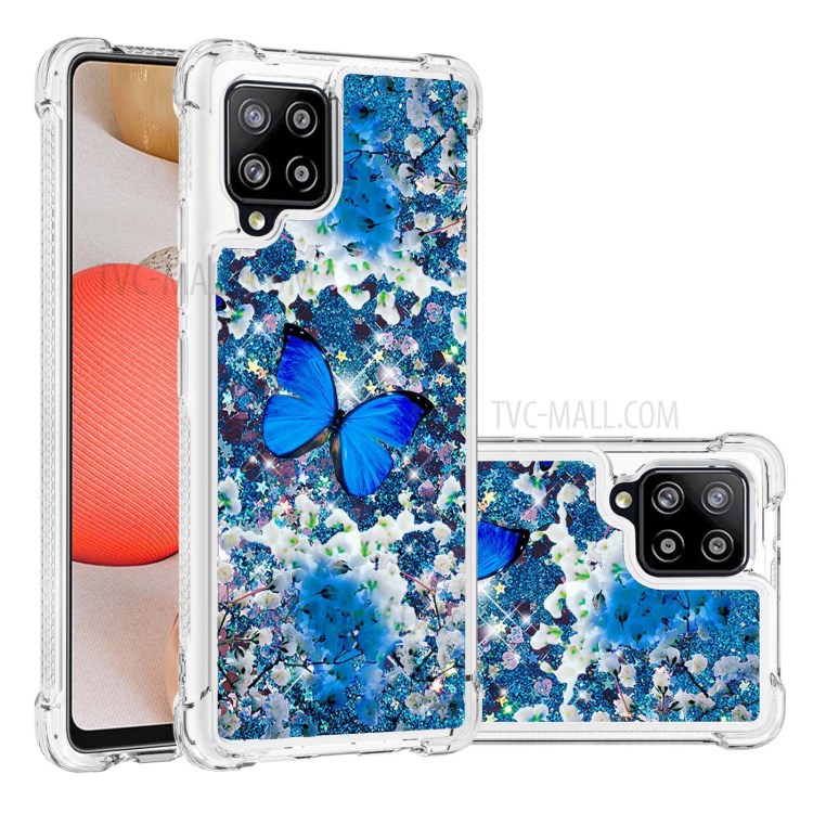 For Samsung Galaxy A42 5G Patterned Quicksand Shockproof TPU Protector Cover - Blue Butterfly-1