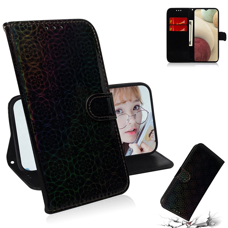 Flower Pattern Leather Stand Wallet Cover Case for Samsung Galaxy A12 - Black-1