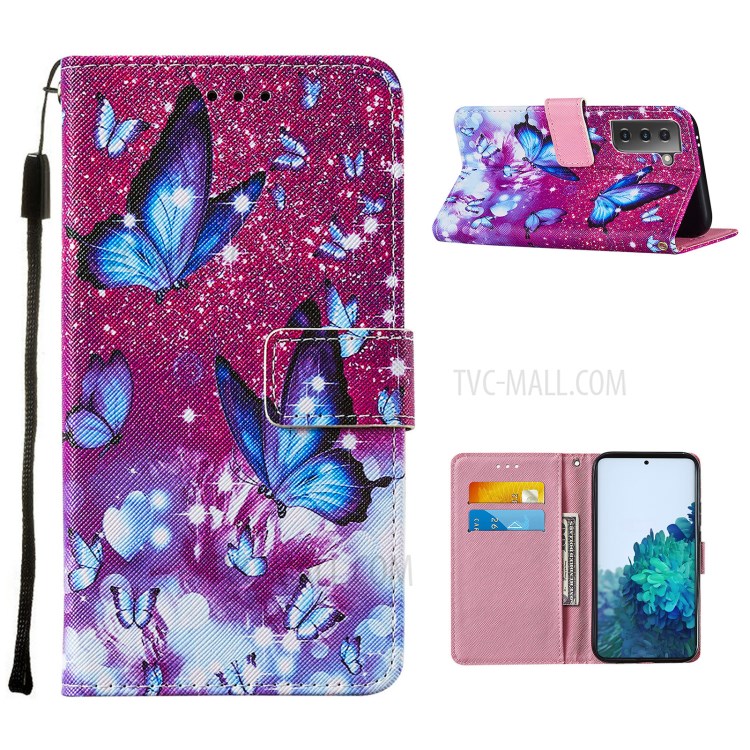 Cross Texture Leather Phone Wallet Stand Pattern Printing Protective Case for Samsung Galaxy S30 Plus - Blue Butterfly-1
