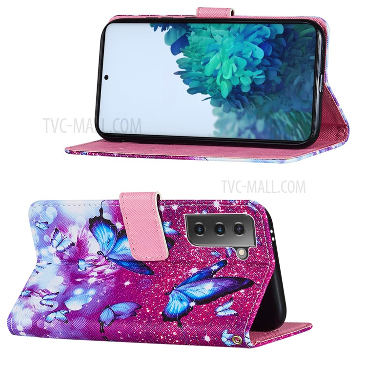 Cross Texture Leather Phone Wallet Stand Pattern Printing Protective Case for Samsung Galaxy S30 Plus - Blue Butterfly-4