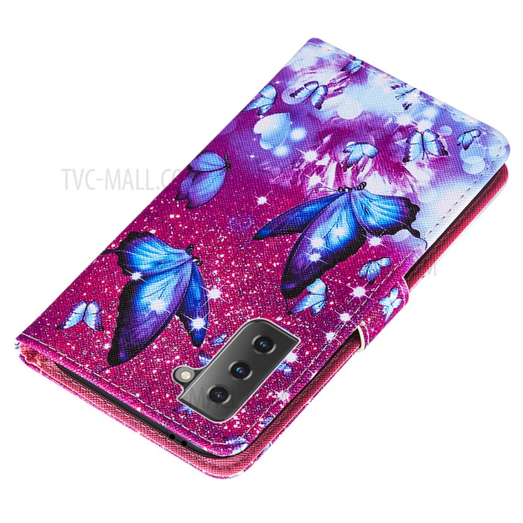 Cross Texture Leather Phone Wallet Stand Pattern Printing Protective Case for Samsung Galaxy S30 Plus - Blue Butterfly-5