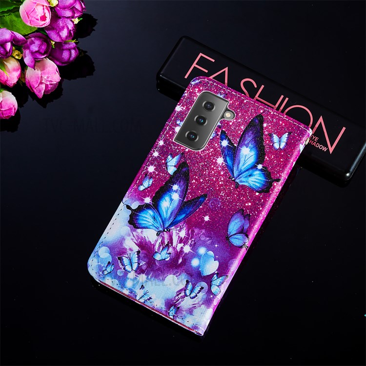 Cross Texture Leather Phone Wallet Stand Pattern Printing Protective Case for Samsung Galaxy S30 Plus - Blue Butterfly-9