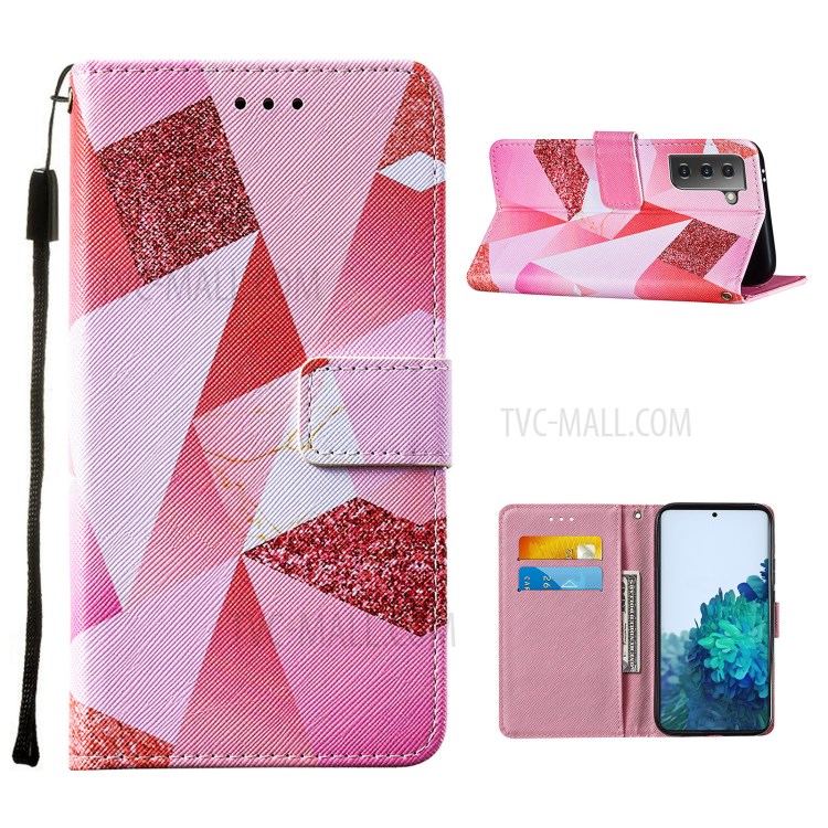 Cross Texture Leather Phone Wallet Stand Protective Case with Pattern Printing for Samsung Galaxy S30 - Pink Geometry-1