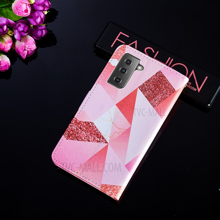 Cross Texture Leather Phone Wallet Stand Protective Case with Pattern Printing for Samsung Galaxy S30 - Pink Geometry-9