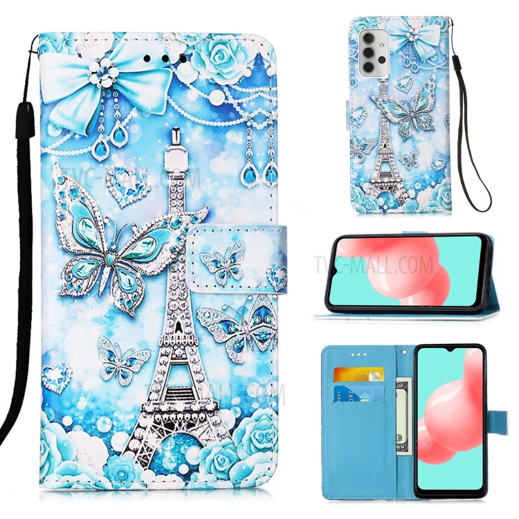 Pattern Printing Textured Wallet Stand Leather Case for Samsung Galaxy A32 5G - Butterfly and Tower-1