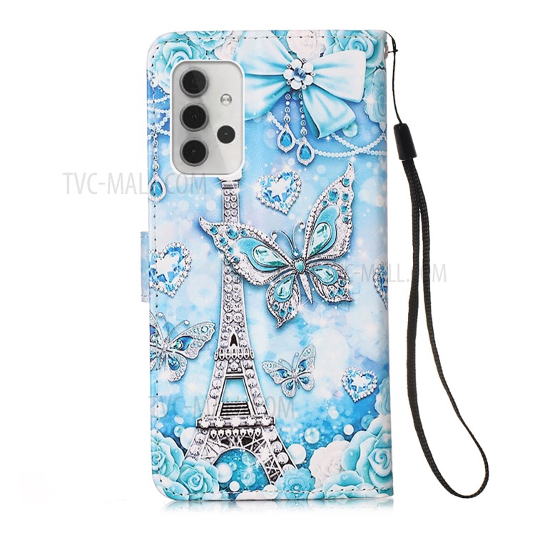 Pattern Printing Textured Wallet Stand Leather Case for Samsung Galaxy A32 5G - Butterfly and Tower-3