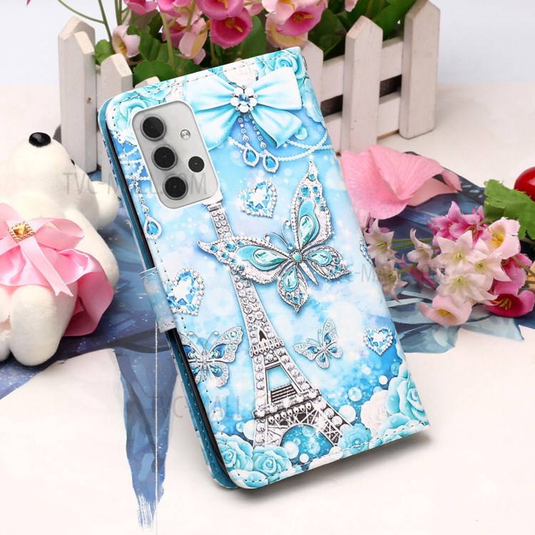 Pattern Printing Textured Wallet Stand Leather Case for Samsung Galaxy A32 5G - Butterfly and Tower-7