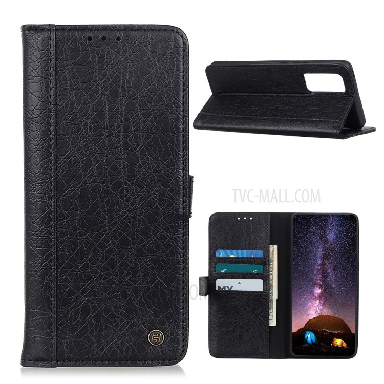 Rhino Grain Leather + TPU Wallet Phone Casing for Samsung Galaxy A52 5G - Black-1