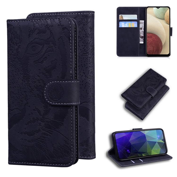 Stand Wallet Case Imprinted Tiger Pattern Leather Cover for Samsung Galaxy A12 - Black-1