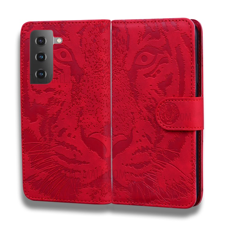 Tiger Face Imprinting Leather Dual Magnet Phone Case with Wallet and Stand for Samsung Galaxy S21+ - Red-3