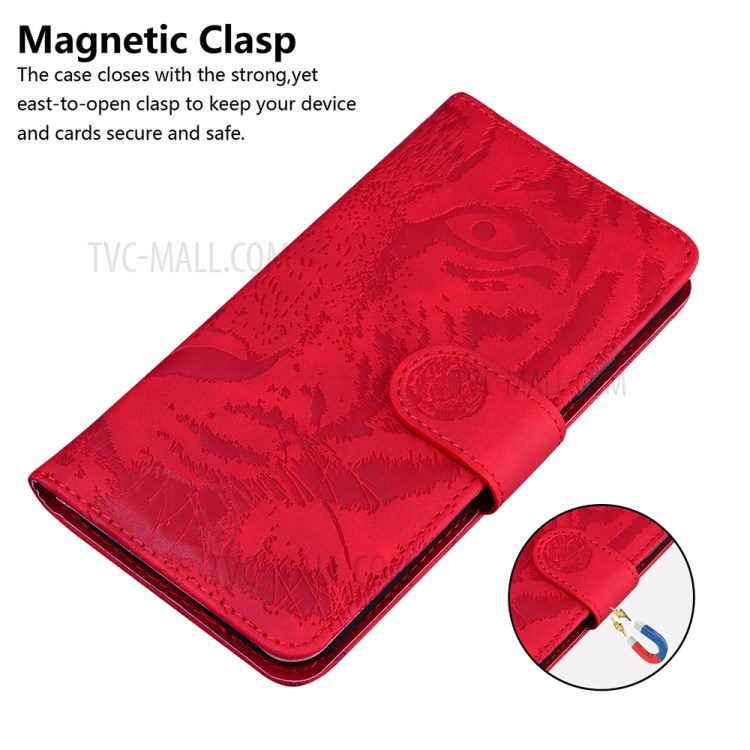 Tiger Face Imprinting Leather Dual Magnet Phone Case with Wallet and Stand for Samsung Galaxy S21+ - Red-5