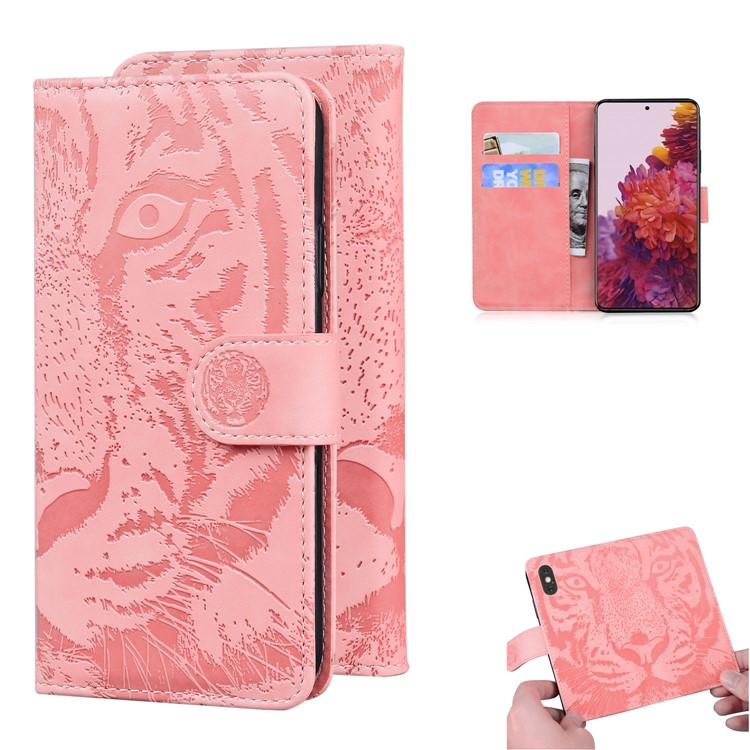 Wallet Stand Tiger Face Imprinting Leather Phone Case for Samsung Galaxy S21 Ultra - Pink-1