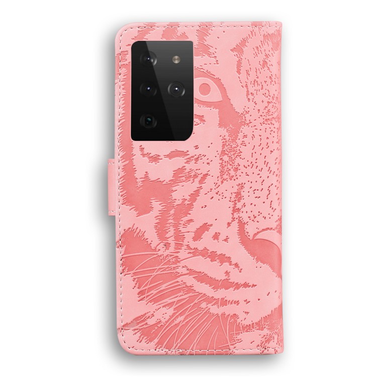 Wallet Stand Tiger Face Imprinting Leather Phone Case for Samsung Galaxy S21 Ultra - Pink-2
