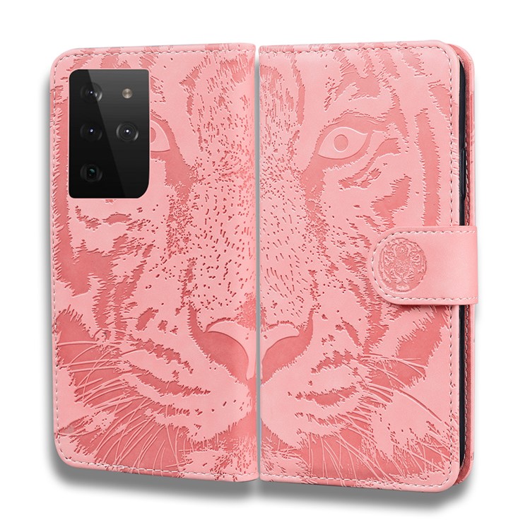 Wallet Stand Tiger Face Imprinting Leather Phone Case for Samsung Galaxy S21 Ultra - Pink-3