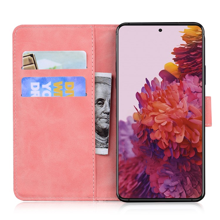 Wallet Stand Tiger Face Imprinting Leather Phone Case for Samsung Galaxy S21 Ultra - Pink-4