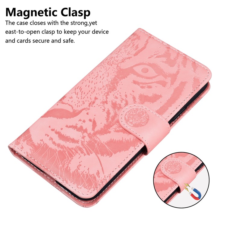 Wallet Stand Tiger Face Imprinting Leather Phone Case for Samsung Galaxy S21 Ultra - Pink-6