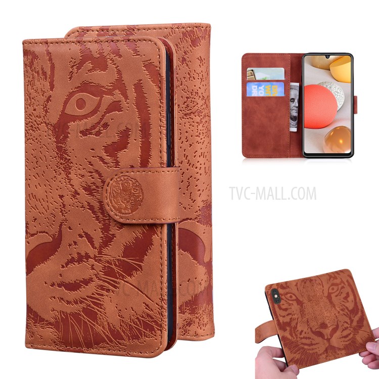 Tiger Face Imprinting PU + TPU Leather Phone Case with Wallet and Stand for Samsung Galaxy A42 5G - Brown-1