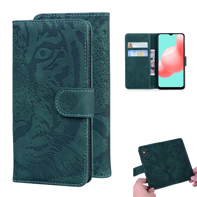 Wallet Leather Phone Stand Case for Samsung Galaxy A32 Tiger Face Imprinting Case - Green-1