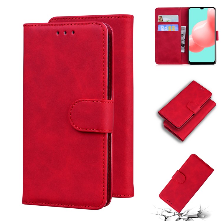 Wallet Stand Plain Leather Phone Case for Samsung Galaxy A32 - Red-1
