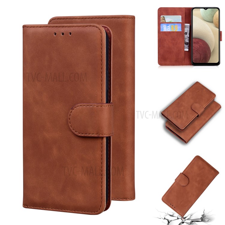 Solid Color Leather Wallet Stand Phone Case for Samsung Galaxy A12 - Brown-1