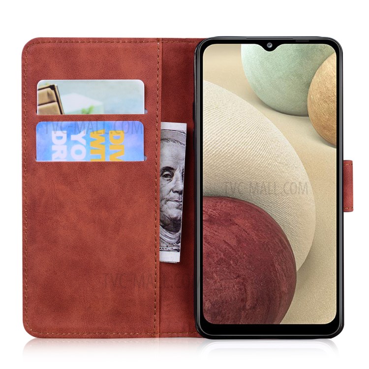 Solid Color Leather Wallet Stand Phone Case for Samsung Galaxy A12 - Brown-9