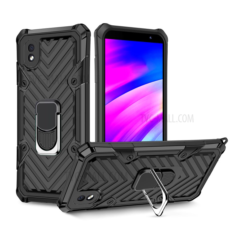 PC + TPU + Metal Hybrid Phone Protective Shell with Rotatable Finger Ring Kickstand for Samsung Galaxy A01 Core - Black-1