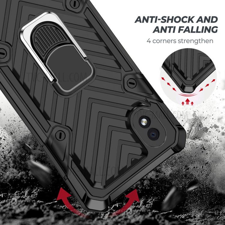 PC + TPU + Metal Hybrid Phone Protective Shell with Rotatable Finger Ring Kickstand for Samsung Galaxy A01 Core - Black-3