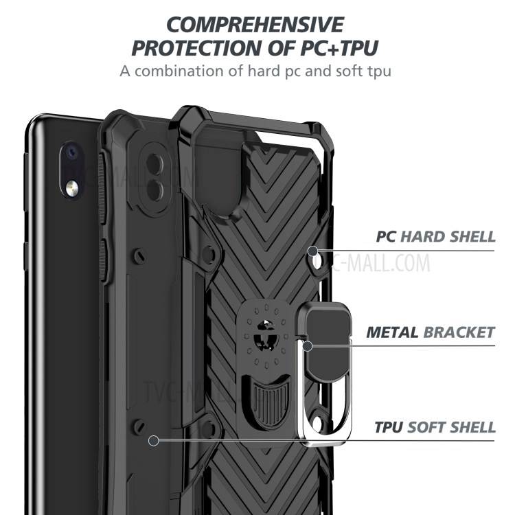 PC + TPU + Metal Hybrid Phone Protective Shell with Rotatable Finger Ring Kickstand for Samsung Galaxy A01 Core - Black-4