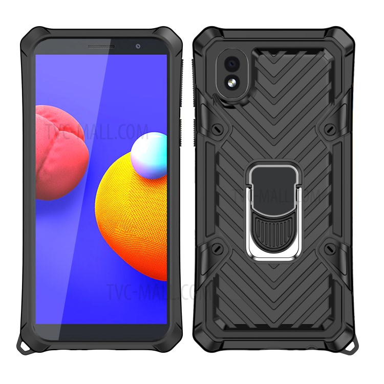PC + TPU + Metal Hybrid Phone Protective Shell with Rotatable Finger Ring Kickstand for Samsung Galaxy A01 Core - Black-6