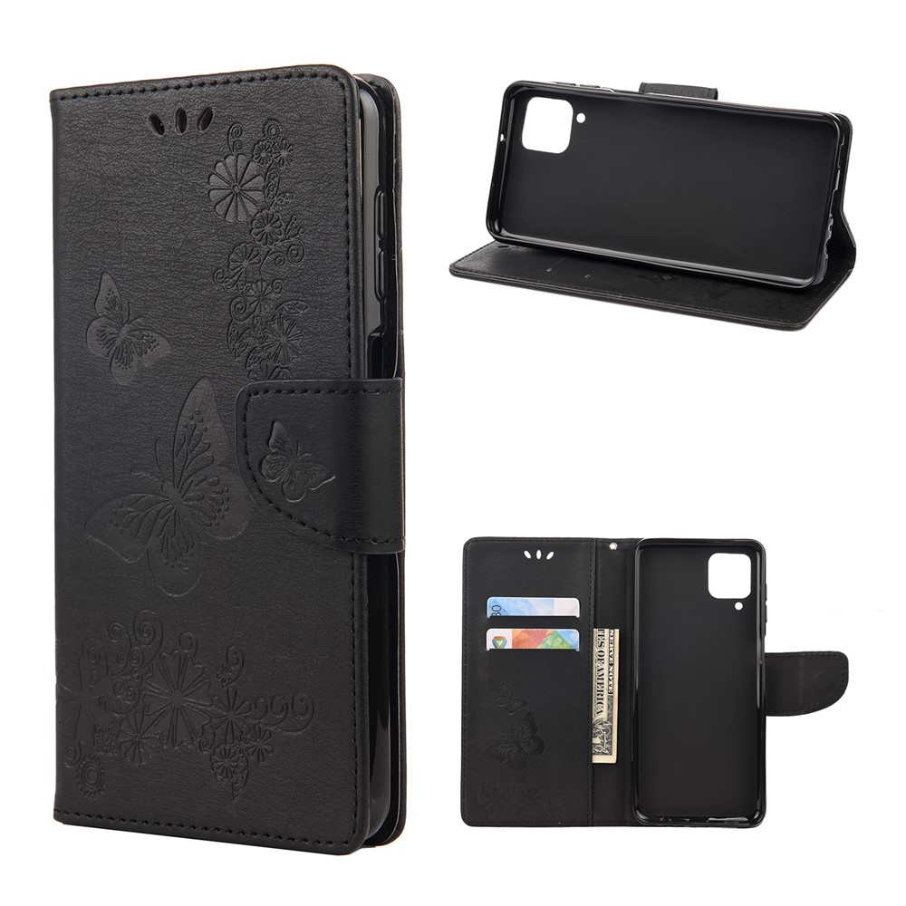Imprinted Butterflies Flower Leather Wallet Stand Case for Samsung Galaxy A12 - Black-1