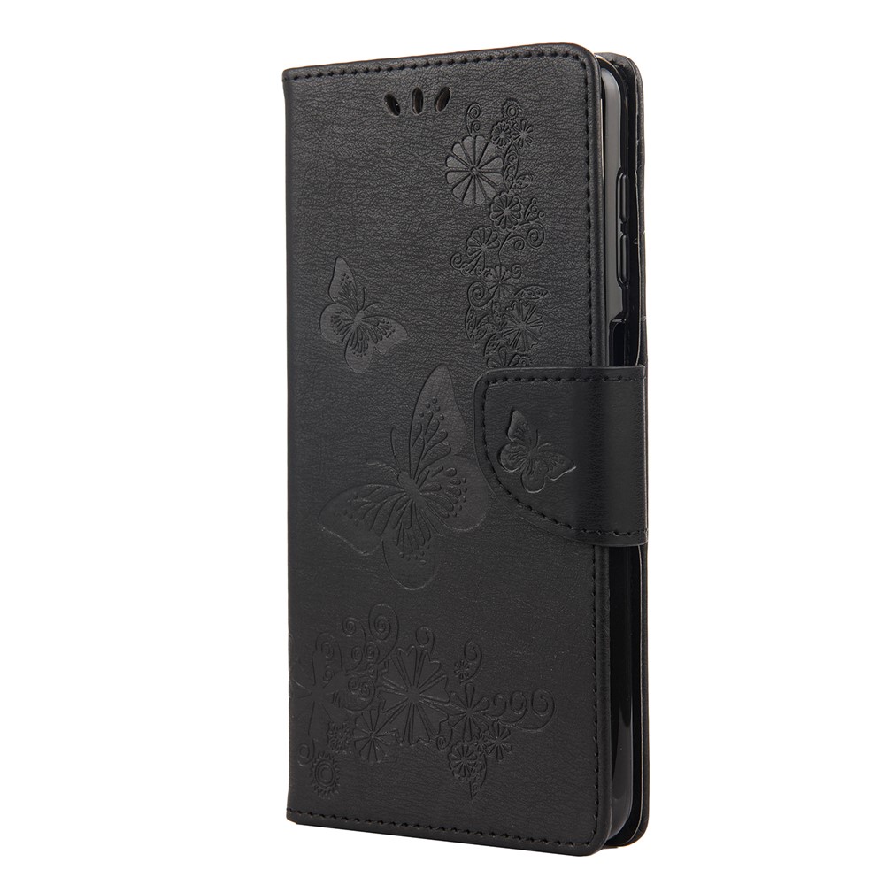 Imprinted Butterflies Flower Leather Wallet Stand Case for Samsung Galaxy A12 - Black-2