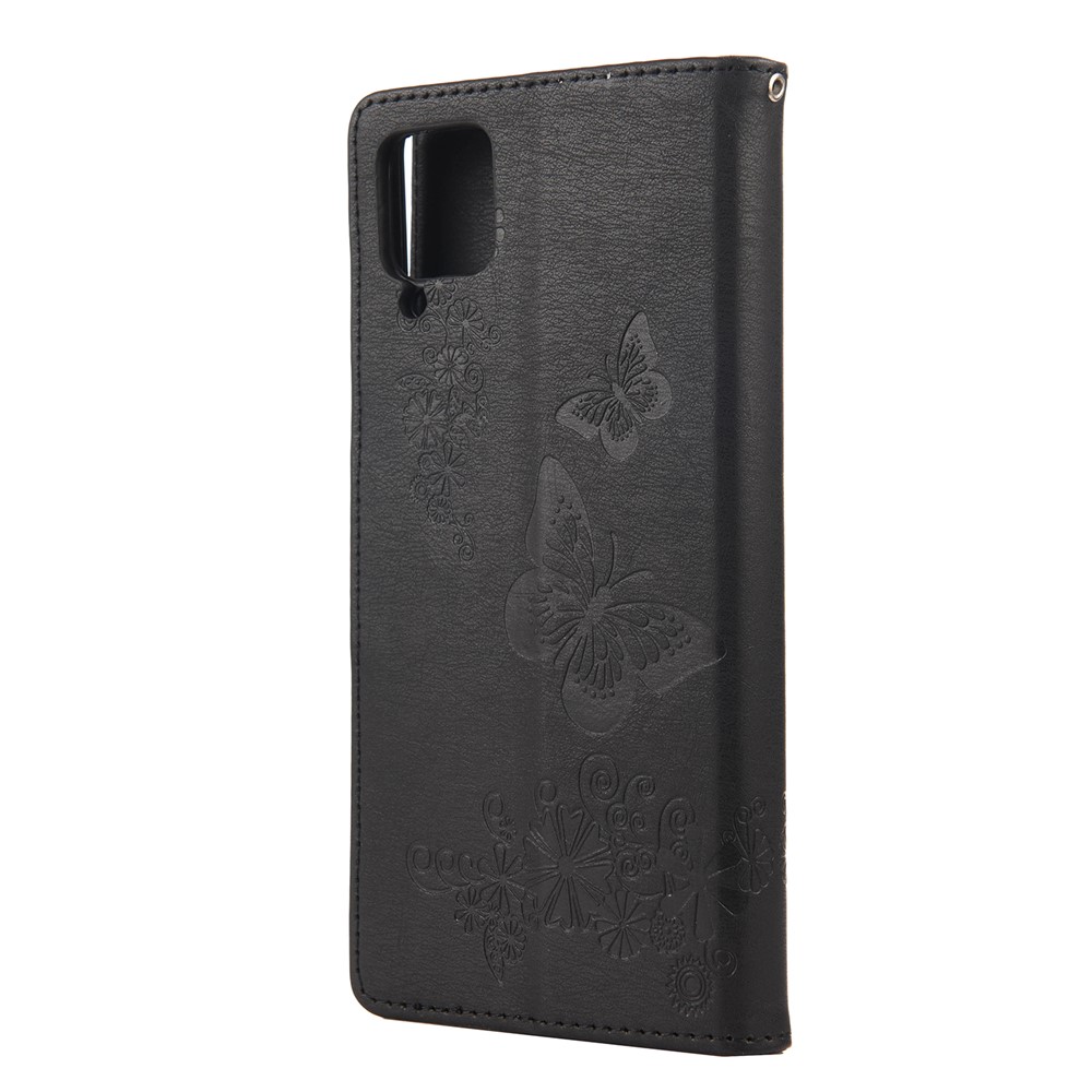 Imprinted Butterflies Flower Leather Wallet Stand Case for Samsung Galaxy A12 - Black-3