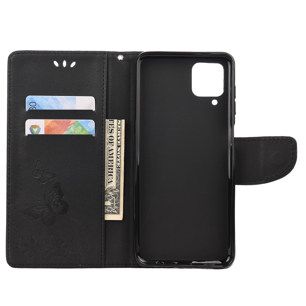 Imprinted Butterflies Flower Leather Wallet Stand Case for Samsung Galaxy A12 - Black-4