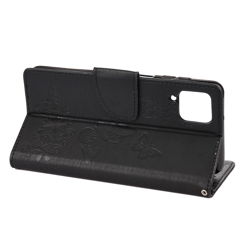 Imprinted Butterflies Flower Leather Wallet Stand Case for Samsung Galaxy A12 - Black-6