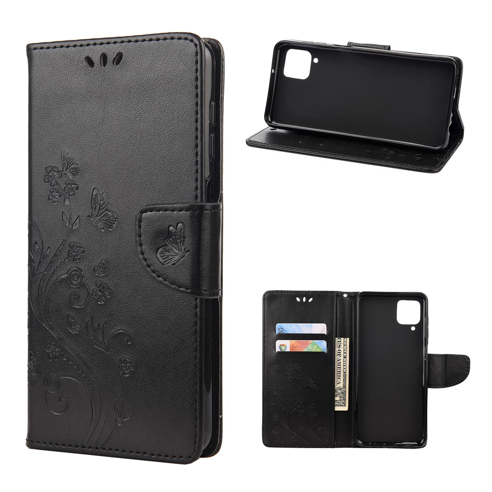 Leather Wallet Butterfly Flower Imprinting Case with Stand for Samsung Galaxy A12 - Black-1