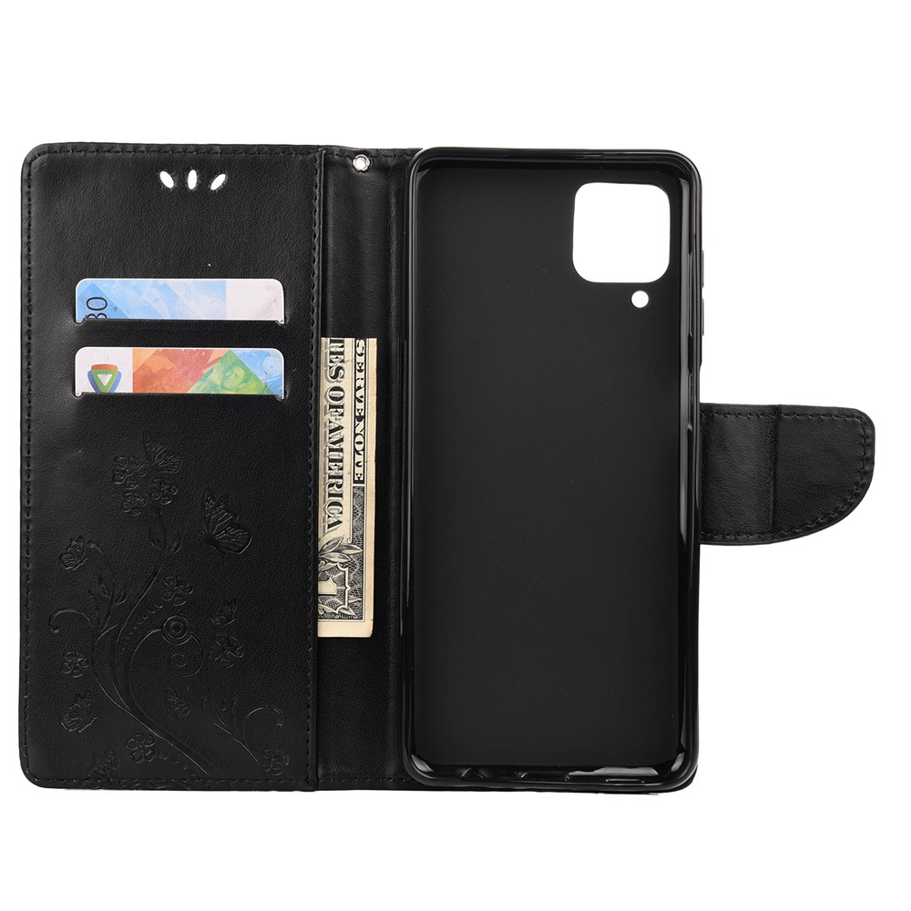 Leather Wallet Butterfly Flower Imprinting Case with Stand for Samsung Galaxy A12 - Black-4