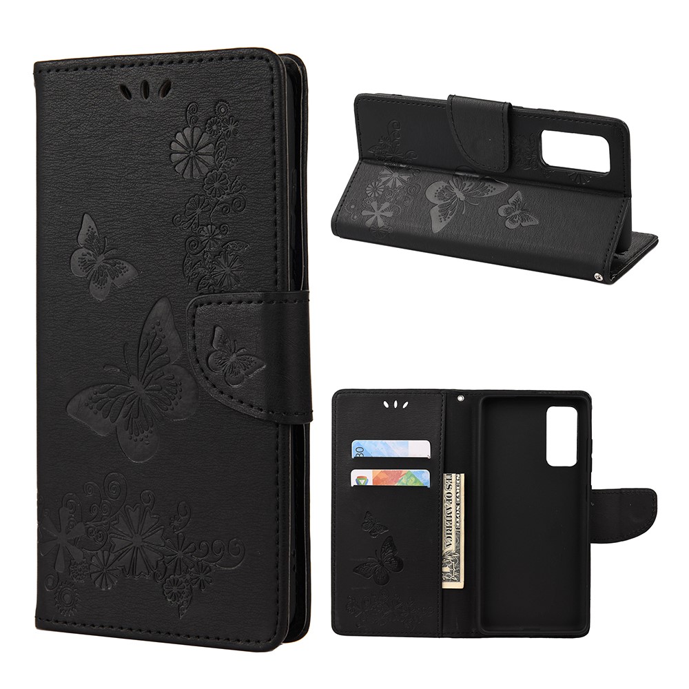 Imprinted Butterflies Flower Leather Wallet Stand Case for Samsung Galaxy A72 5G - Black-1