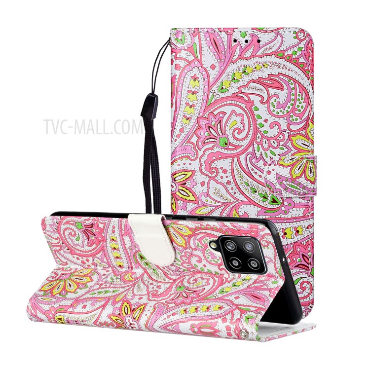 Wallet Stand Embossed Patterned TPU + PU Leather Phone Cover with Lanyard for Samsung Galaxy A42 5G - Paisley Flower-1