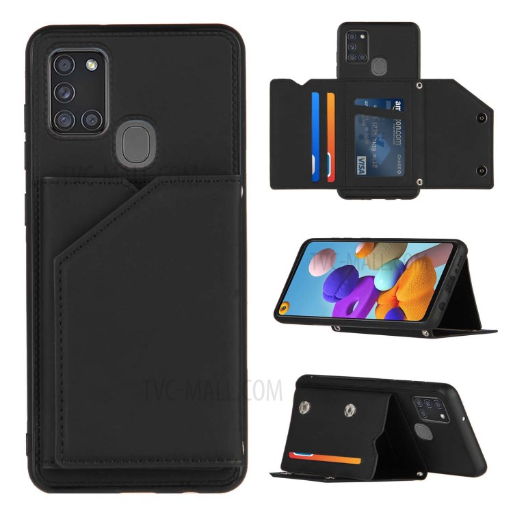 Card Holder Stand Rubberized Leather Skin TPU + PU Leather Phone Shell for Samsung Galaxy A21s - Black-1