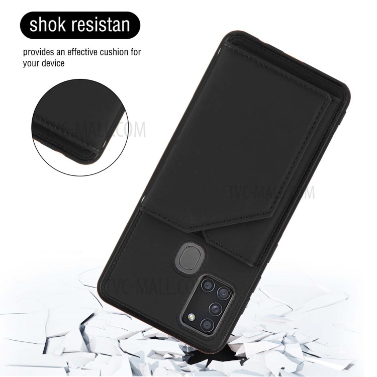 Card Holder Stand Rubberized Leather Skin TPU + PU Leather Phone Shell for Samsung Galaxy A21s - Black-2