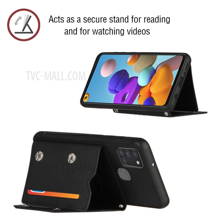 Card Holder Stand Rubberized Leather Skin TPU + PU Leather Phone Shell for Samsung Galaxy A21s - Black-3