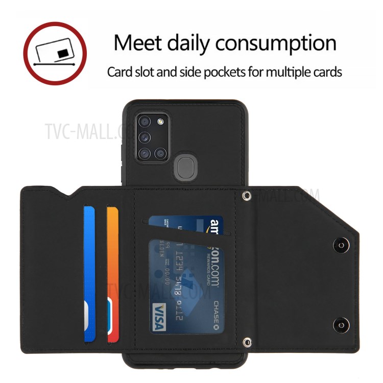 Card Holder Stand Rubberized Leather Skin TPU + PU Leather Phone Shell for Samsung Galaxy A21s - Black-4