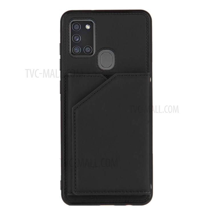 Card Holder Stand Rubberized Leather Skin TPU + PU Leather Phone Shell for Samsung Galaxy A21s - Black-5