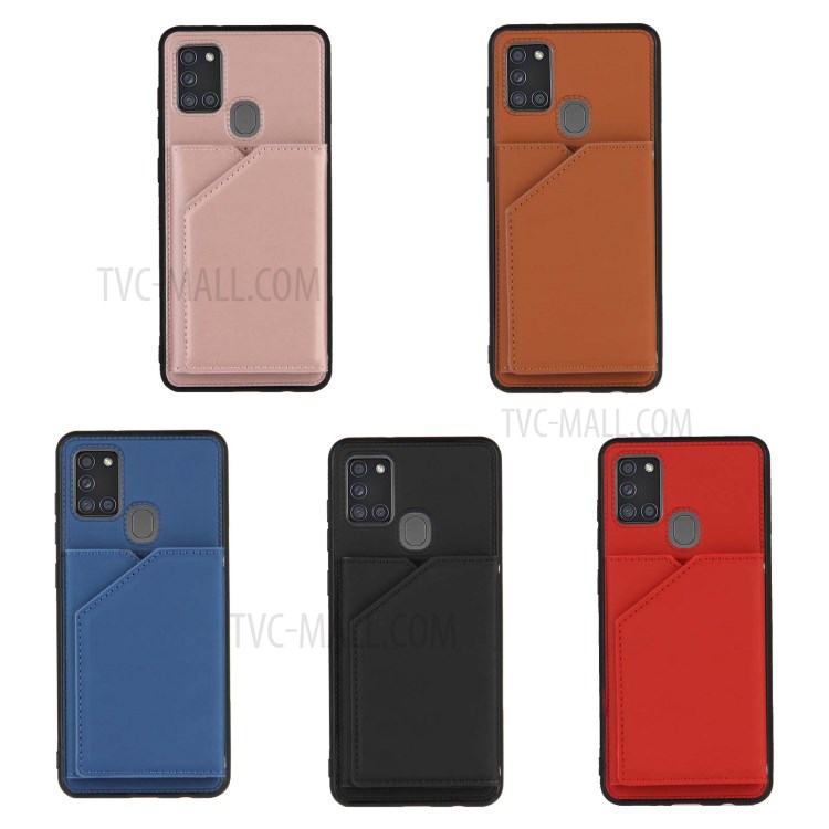 Card Holder Stand Rubberized Leather Skin TPU + PU Leather Phone Shell for Samsung Galaxy A21s - Black-6