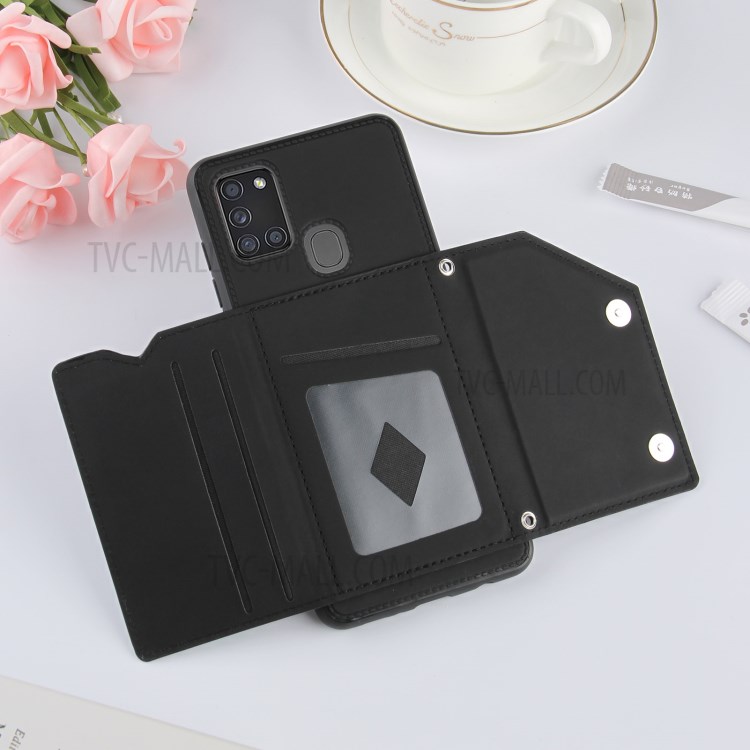 Card Holder Stand Rubberized Leather Skin TPU + PU Leather Phone Shell for Samsung Galaxy A21s - Black-7