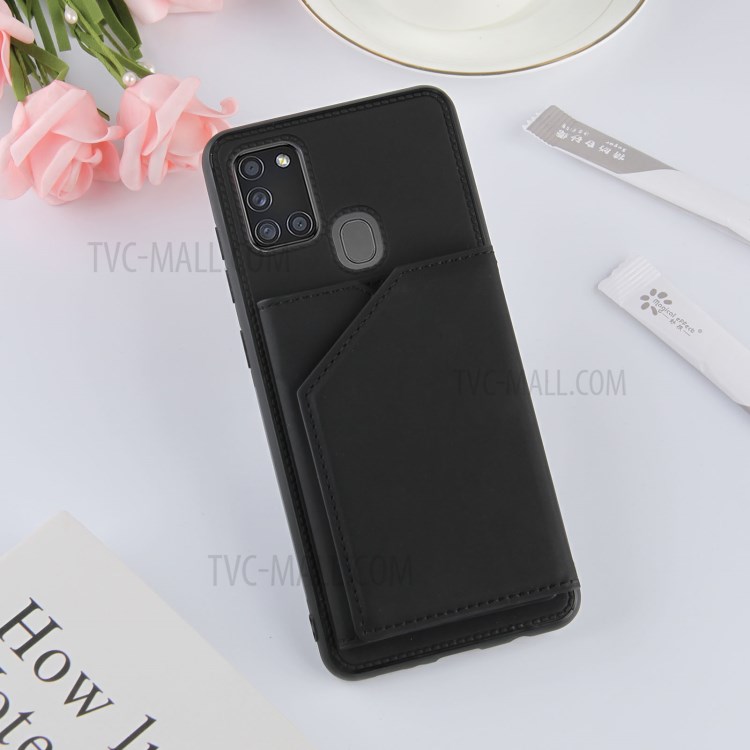 Card Holder Stand Rubberized Leather Skin TPU + PU Leather Phone Shell for Samsung Galaxy A21s - Black-8